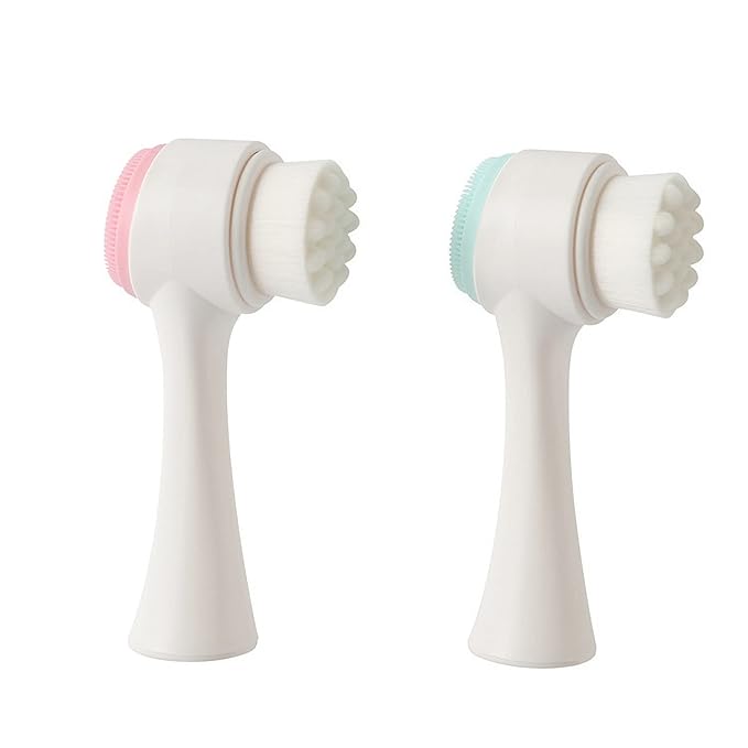 Double Sides Face Brushs, 3D Stand Vertical Silicone Facial Wash Brush, 2 in 1 Facial Cleansing Brush Manual Dual-Action Face Brush for Sensitive, Delicate, Dry Skins (2Pack/Blue+Pink)