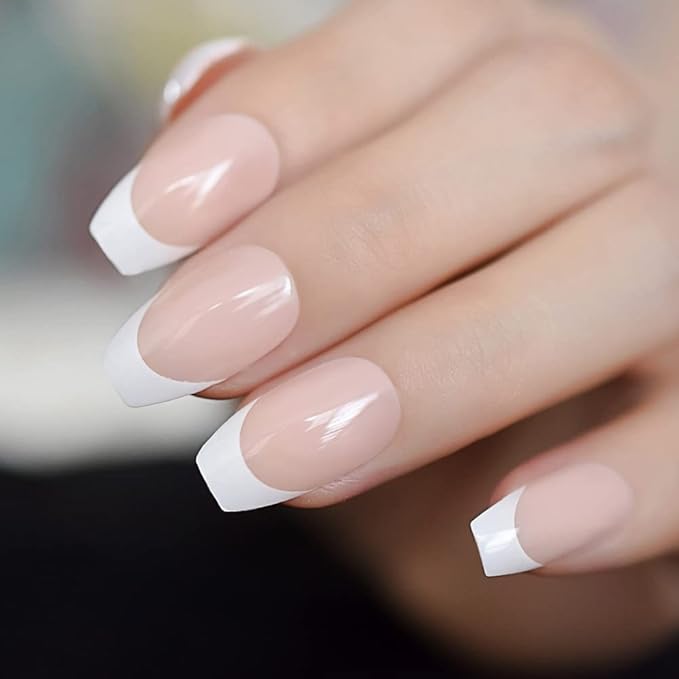 French Press on Nails Natural Nude White Medium Length Coffin False Nails Ballerina Nails Art Tips Salon Manicure Fake Fingernails for Daily Office