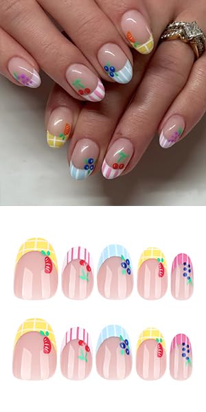Fruit Press On Nails Oval Shape, Colorful Striped Fake Nails with Cute Cherry Grape Orange Blueberry Designs, Glossy Gel Finish Acrylic Reusable Glue On Nails for Women, 24 Pcs