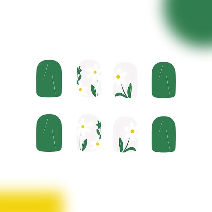 24Pcs Flower Press on Nails Short Square Fake Nails White Daisy Floral Acrylic Nails Green Glossy Full Cover False Nails Spring Summer Design Glue on Artificial Nails for Women Manicure Supplies