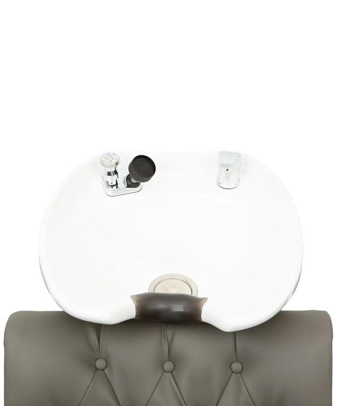 Buy-Rite Chelsea Backwash Unit β Tilting White Porcelain Shampoo Bowl, Gray Tufted Vinyl Chair, Brass Nailhead Trim, Removable Seat Cushion, European Faucet