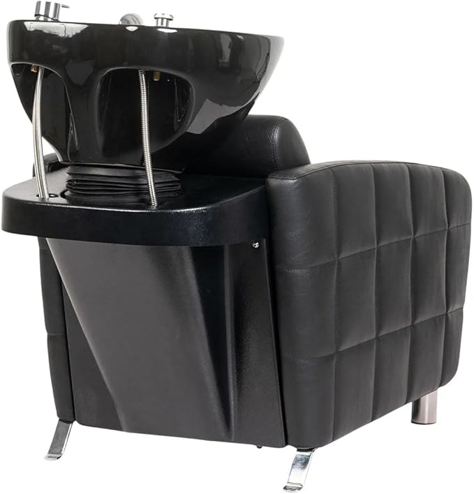 Buy-Rite Icon Shampoo Backwash Unit for Salons & Barbershops, Wide Seat with Lumbar Support, Modern Quilted Vinyl Design, Tilting Porcelain Bowl with Dual Nozzle & Built-In Vacuum Breaker - YLG-192-BW