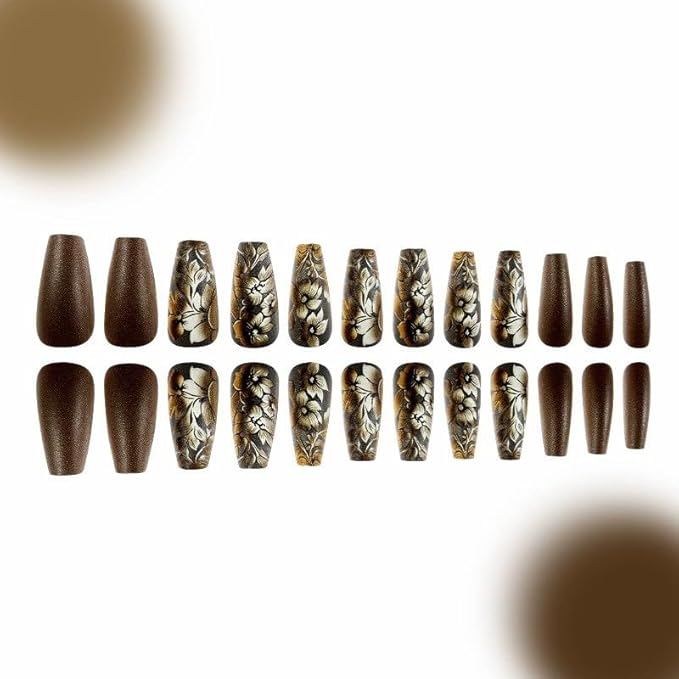 Medium Square Acrylic Nails, 24Pcs Glossy Floral Designs, Full Cover Artificial Nails, Press On Nails, Brown, Style 6