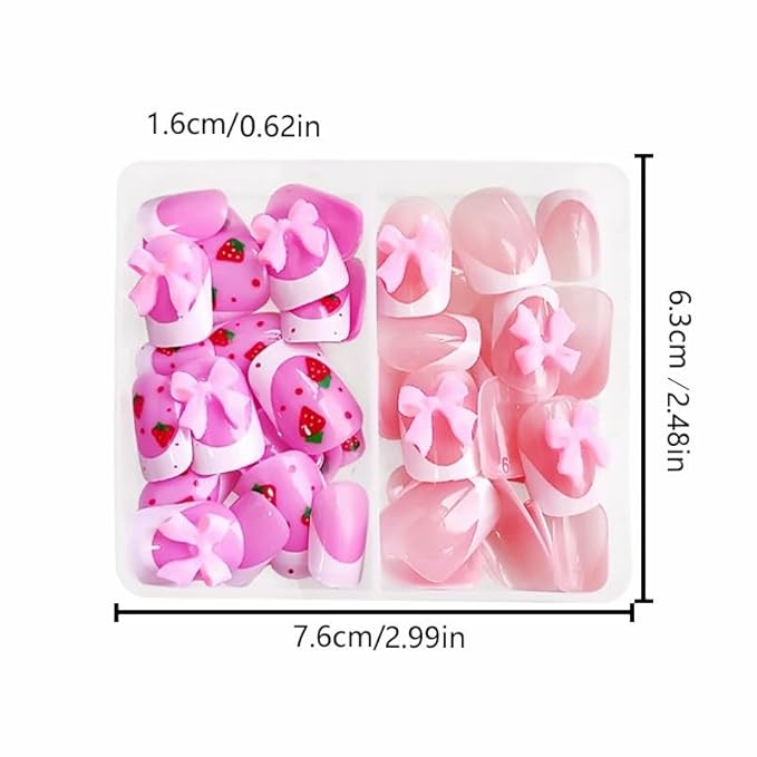 2 Packs 48Pcs French Tip Press on Nails Short Square Fake Nails Bow Charms Acrylic False Nails Cute Glue on Nails Reusable Artificial Nails Stick on Nails for Women Girls Manicure Nails Decoration
