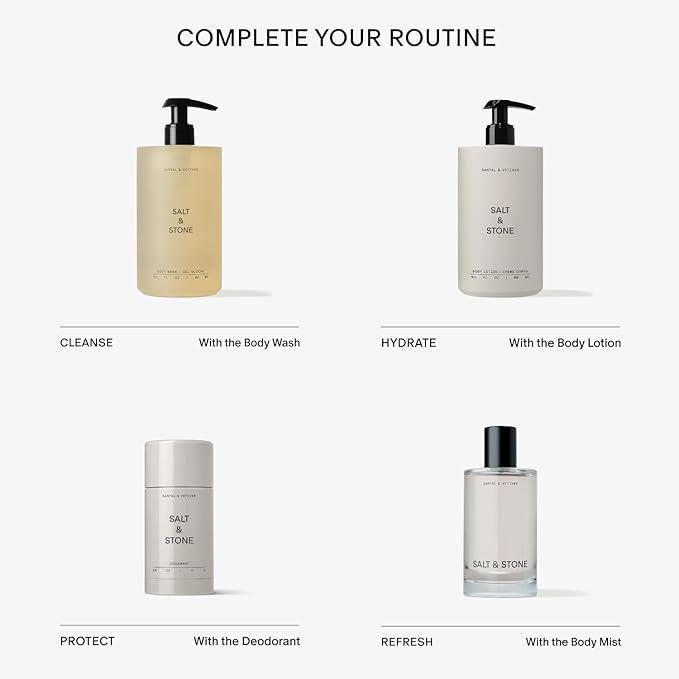 Salt & Stone Body Mist, Santal & Vetiver Scent, Skincare Infused Perfume Hair & Body Spray for Women and Men, Hydrating Fragrance with Glycerin and Red Algae, Vegan, Cruelty Free, 3.4 fl oz