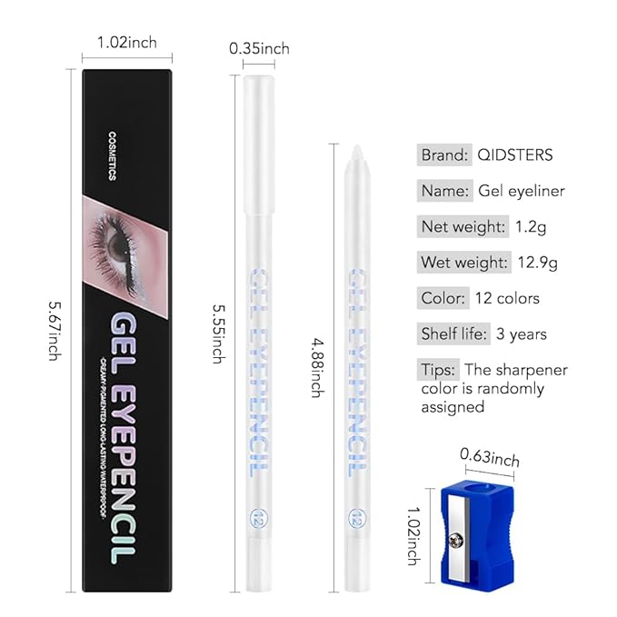 White Matte Gel Eyeliner Pencil, Multi-Use Waterline Eyeliner with Sharpener, Sharpenable Eye Liner Waterproof Smudge Proof, High Pigmented Eye Makeup Liners, Vegan & Cruelty-Free 12