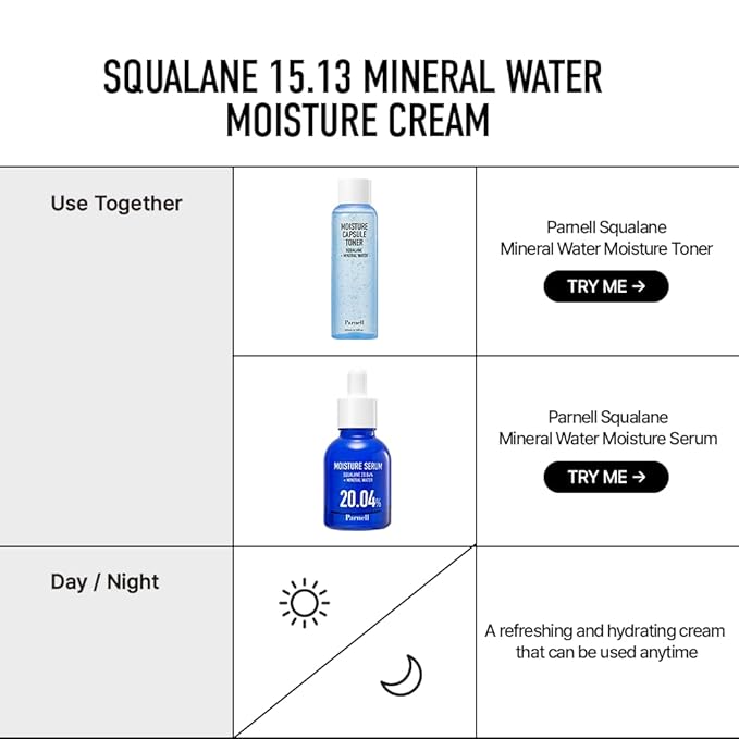 Parnell Squalane 15.13% | 50ml / 1.69 fl.oz. | Mineral Water Moisture Cream, hydrating cream for face, hydrating moisturizer face cream, korean skin care, korean beauty