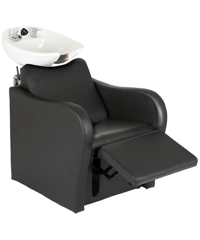Buy-Rite Lexus Backwash Unit - Professional Salon Shampoo Chair with Tilting White Porcelain Bowl, Kick-Out Leg Rest, Extra Wide Seat & Single-Handle Faucet, Black Chair, TS-8018B