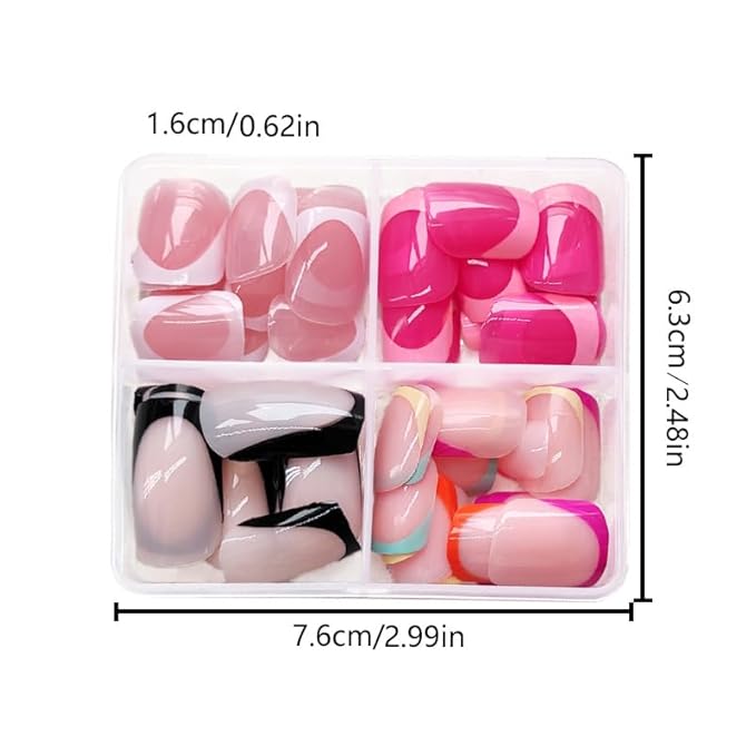 4 Packs 96Pcs French Tip Press on Nails Short Square Fake Nails French Design Glossy Acrylic False Nails Full Cover, Glue Stick On Nails for Women's Manicure & Nail Art Set
