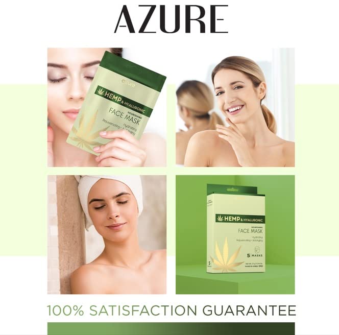 Azure Cosmetics Hemp Oil & Hyaluronic Acid Nourishing Facial Sheet - Anti Aging, Rejuvenating & Deeply Hydrating Mask - Reduces Fine Lines & Wrinkles, Locks in Moisture - Korean Skin Care - Pack of 5