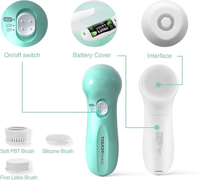 Electric Facial Cleansing Brush for Women, 3-in-1 Face Cleanser and Exfoliator Brush with 3 Brush Heads, 2 Speeds, Waterproof Spin Brush, Portable Travel Case (Green, Battery Operated)