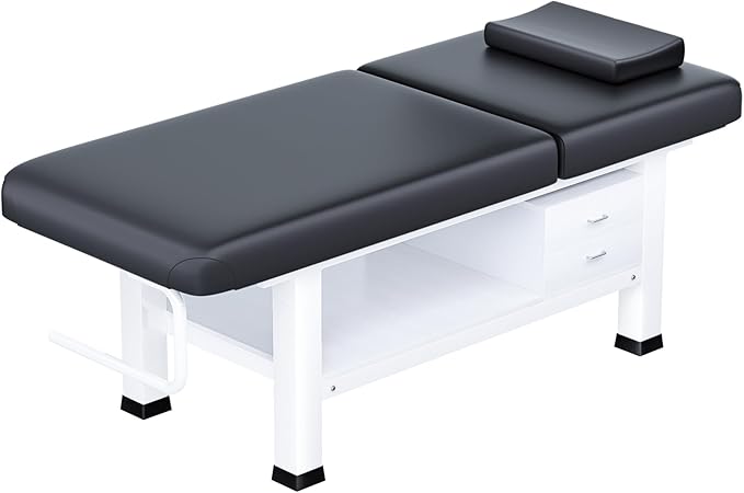 Massage Table with Towel Rack and Storage, 1500lbs Weight Capacity Iron Base Massage Bed Adjustable Backrest for Professional & Home Use, Spa Treatment Table for Relaxation and Therapy, Black