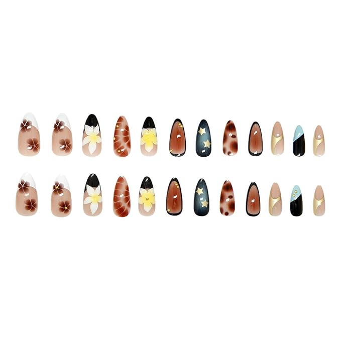 Black French Tip Press on Nails Medium Almond Fake Nails 3D Glitter Gold Beads Design Fall Flower False Nails French Tip Star Acrylic Nails Brown Glossy Glue on Nail for Women Manicure 24Pcs