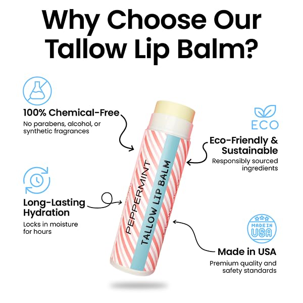 Tallow Lip Balm by Cattle Creek – Organic, All-Natural Ingredients, Long-Lasting Moisture and Hydration for Dry, Cracked, and Chapped Lips, Soothing Formula for Soft Skin (Pack of 3, Peppermint)