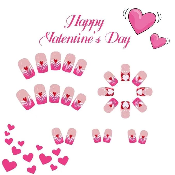 2 Packs 48Pcs Valentine's Day Press on Nails Short Square Fake Nails Heart Acrylic Nails French Tip False Nails Glossy Cute Glue on Nails Kid Heart Love Stick on Nails for Women Girls Nails Decoration