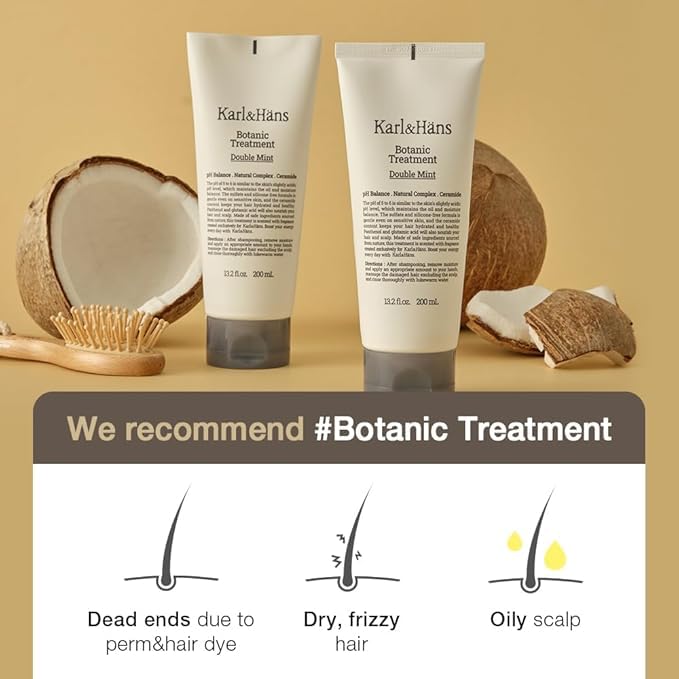 Karl&Hans Botanic Double Mint Conditioner Hair Treatment -Organic, Silicone-Free, Revitalizing Care for Frizzy Hair with Ceramide & Natural Extracts for All Hair Types, 6.76 fl oz