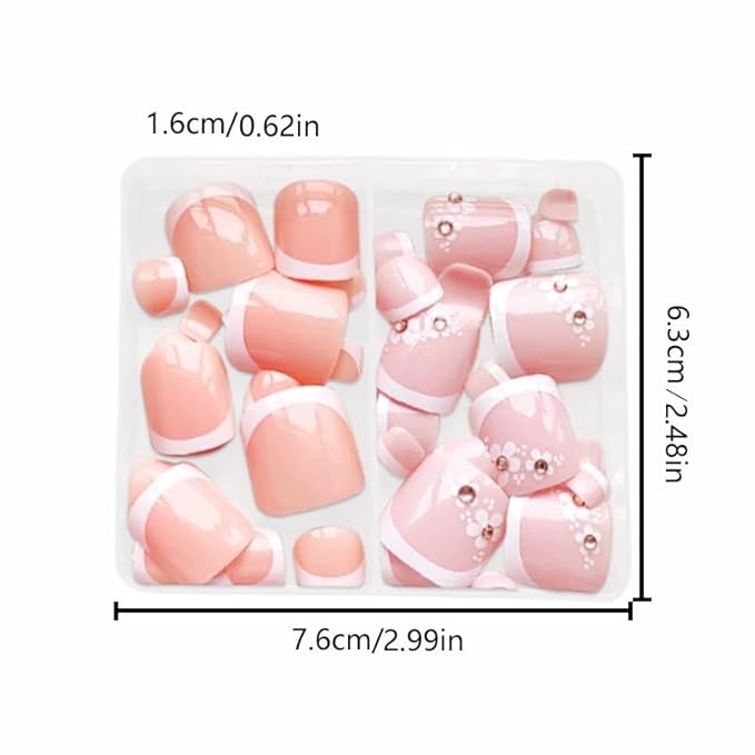 2 Packs 48Pcs French Tip Press on Toenails Short Square Fake Toe Nails Flowers Rhinestone Design Glossy Acrylic False Toenails Full Cover, Glue Stick On Nails for Women's Manicure