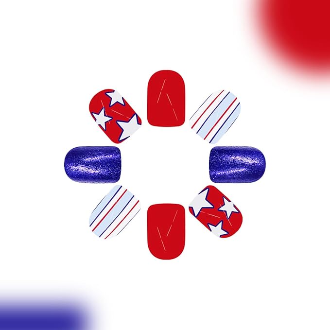 24Pcs Independence Day Press on Nails Short Fake Nails Star Full Cover Glue on Nails Patriotic False Nails Red Blue Stripes Square Artificial Stick on Nails for Women DIY 4th of July Acrylic Nails