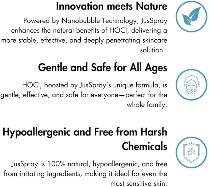 JusSpray™ Hypochlorous Acid (HOCl) Spray – Doctor Approved Skin Defense Mist 4 oz – Face & Body Toner for Sensitive, Acne & Eczema-Prone Skin, Redness Relief & Piercing Aftercare