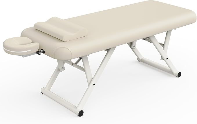 pouseayar Adjustable Massage Table with Face Pillow & Headrest, Sturdy and Solid, Silent and Easy to Adjust for Treatment Table Physical Therapy Table Spa Facial Bed - Fixed Backrest, Beige Gray