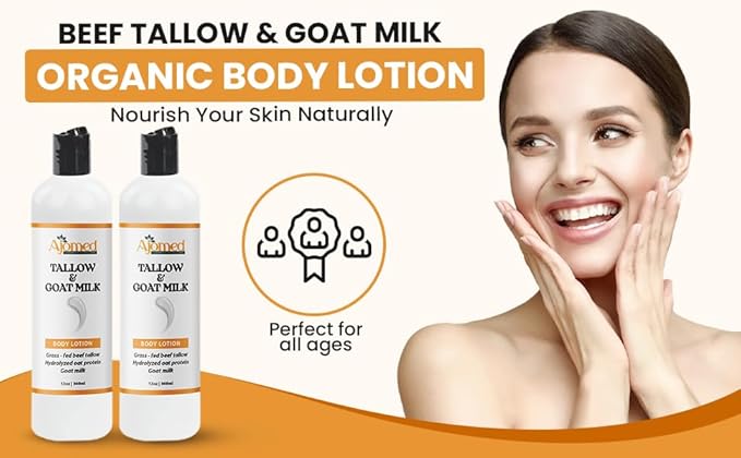 Tallow & Goat Milk Body Lotion for Sensitive Skin, Organic moisturizing Lotion - Soothes Dry skin, Goat Milk face and body Moisturizer - Handmade Tallow for skin cream (8 OZ, UNSCENTED)