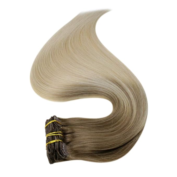 Full Shine Ombre Clip in Hair Extensions Blonde Real Human Hair Clip in Extensions Color 8 Ash Brown to Platinum Blonde Straight Invisible Hair Extensions 120 Grams 16 Inch
