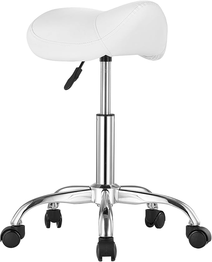 VEVOR Saddle Stool with Wheels, 450 LBS Weight Capacity Ergonomic Rolling Stool, Height Adjustable Thickened PU Leather Swivel Saddle Chair for Salon, Spa, Massage, Tattoo, Clinic, White