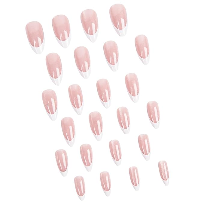 French Tip Fake Nails Almond Press on Nails Nude Pink Cat Eye Acrylic False Nails Press ons Glossy Nature Artificial Nails with White Glitter Designs for Women Girls Manicure Decoration 24Pcs