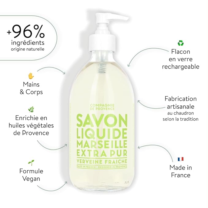 Compagnie de Provence Savon de Marseille Extra Pure Liquid Soap - Fresh Verbena - 16.7 Fl Oz Glass Pump Bottle