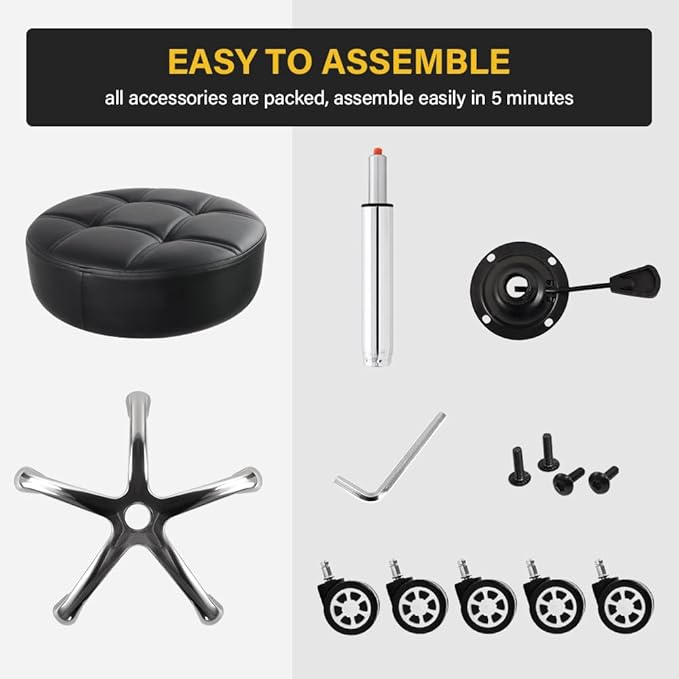 Heavy Duty Rolling Stool with Wheels Hydraulic Lift 360 Swivel Adjustable Rolling Stool Thick Leather Ergonomic Seat Stool Chair for Kitchen Drafting Lab Office Salon Message Stool Black