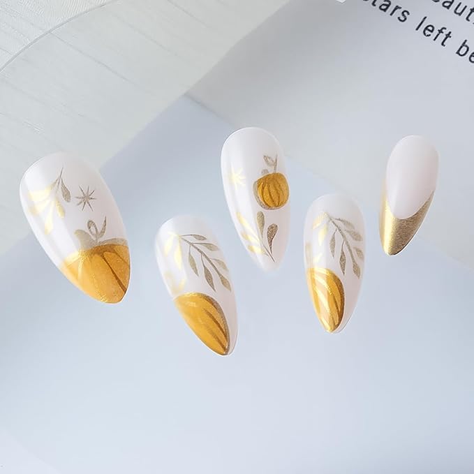 24Pcs Gold French Tip Fake Nails Fall Press on Nails Medium Almond False Nail Gold Star Pumpkin Acrylic Nail Artificial Autumn Maple Leaf Stick on Nail Thanksgiving Glue on Nails for Women