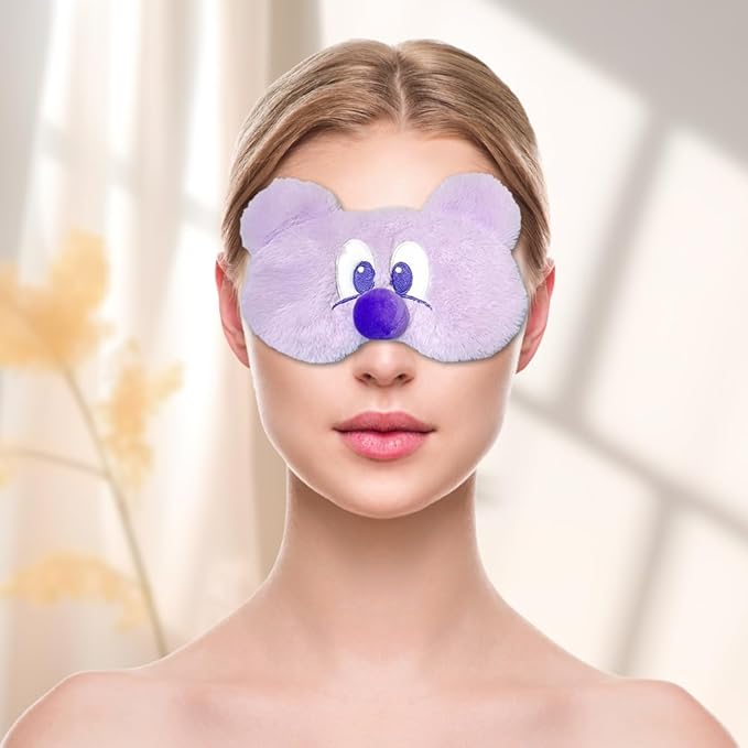 PERFECTSIGHT Mouse Sleep Eye Masks, Cute Plush Sleep Eye Cover Lightweight Adjustable Eyeshade Faux Fur Mask Cover for Women Men Kids Sleep Travel Nap, Big Eye Girl, Purple Nose