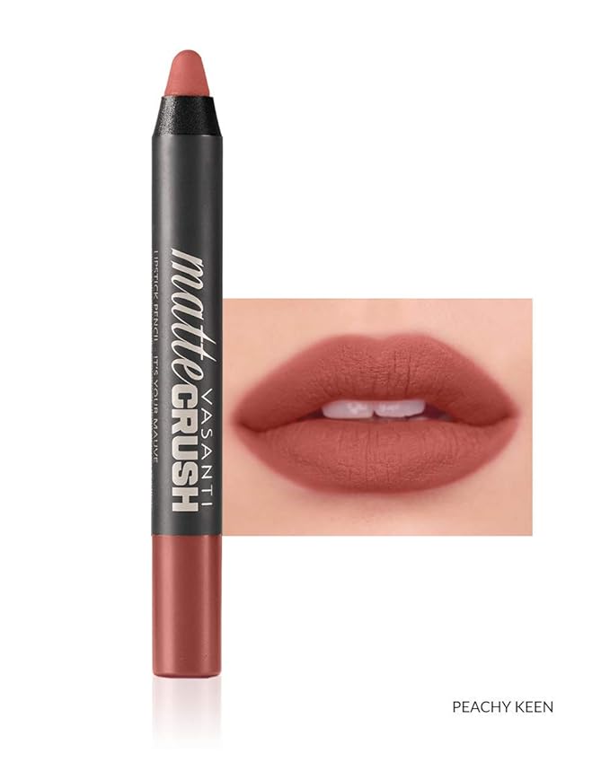 VASANTI Matte Crush Lipstick Pencil – Peachy Keen Natural Peach – Soft, Velvety Matte Finish, Waterproof, Smooth Application – Natural, Vegan, Paraben-Free Lip Color