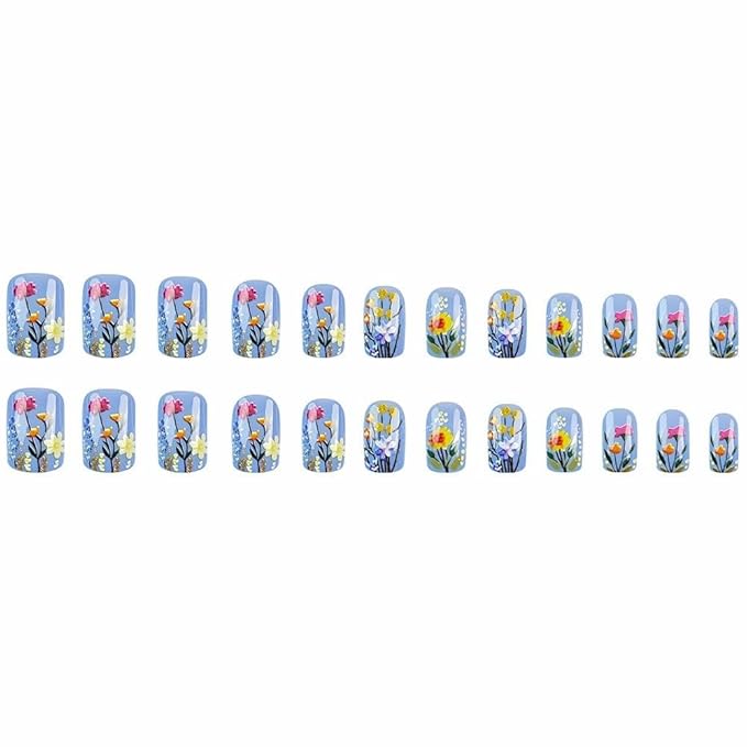 Flowers Press on Nails Short Square Fake Nails Blue 3D Floral Acrylic Nails Spring False Nails Press ons Glossy Flower Glue on Nails Glitter Artificial Nails for Women Girls Manicure 24Pcs