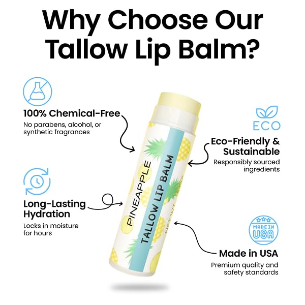 Tallow Lip Balm by Cattle Creek – Organic, All-Natural Ingredients, Long-Lasting Moisture and Hydration for Dry, Cracked, and Chapped Lips, Soothing Formula for Soft Skin (Pack of 3, Pineapple)