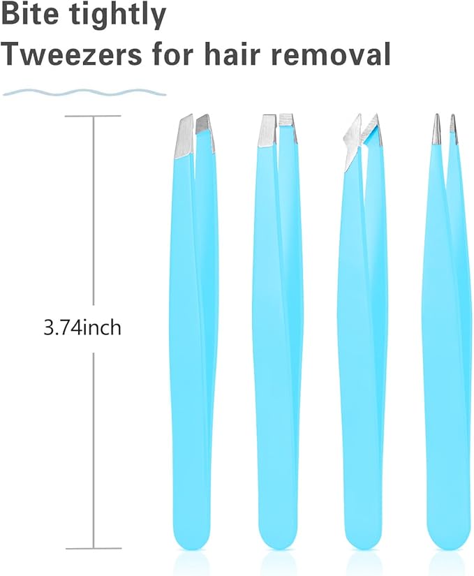Tweezers Set, High Precision Stainless Steel Eyebrow Tweezers for Facial Hair, Inward Growing Hair and Splinter Remover Kit, Suitable for Women and Men, Pink and Black 4-Piece Set. (Blue)