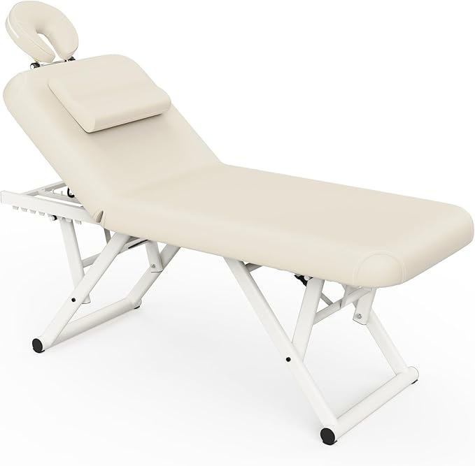 pouseayar Adjustable Massage Table with Face Pillow & Headrest, Sturdy and Solid, Silent and Easy to Adjust - Adjustable Backrest, Beige Gray