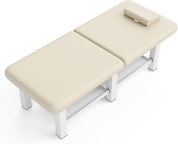 Folding Stationary Massage Table with Backrest and Storage Space, 6 Square Legs Metal Frame PU Leather, 30.5'' Wide × 75'' Long for Treatment Table Physical Therapy Table Spa Facial Bed, Beige Gray