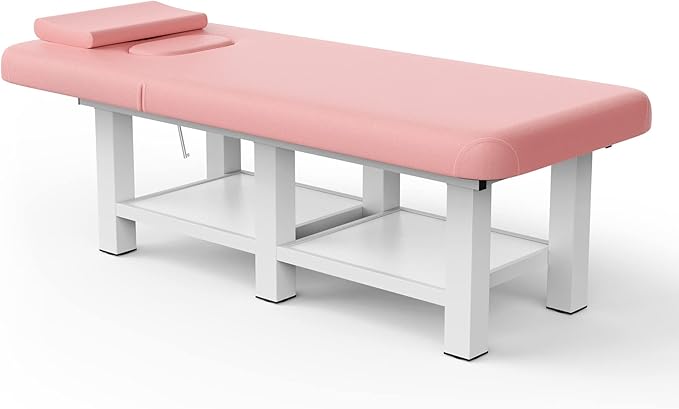 Stationary Massage Table with Backrest and Storage Space, 6 Square Legs Metal Frame PU Leather, 31.5'' Wide × 75'' Long for Treatment Table Physical Therapy Table Spa Facial Bed, Pink