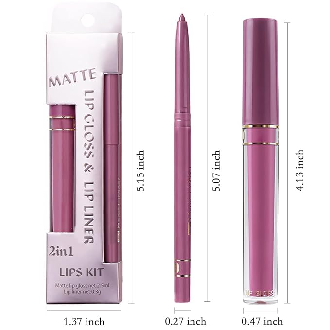 evpct 2Pcs Voilet Matte Lip Liner and Lipstick Pencils Lip Gloss Stains Makeup Set Kit for Women Long Lasting Waterproof 24