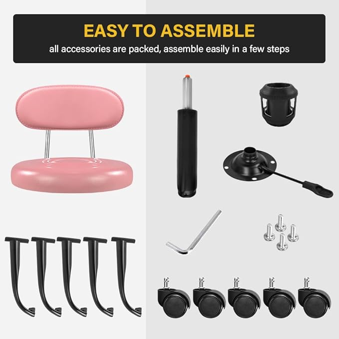 Rolling Stool with Wheels Swivel Stool with Back Height Adjustable Chair Ideal for SPA Salon Home Office Drafting Work (Pink)