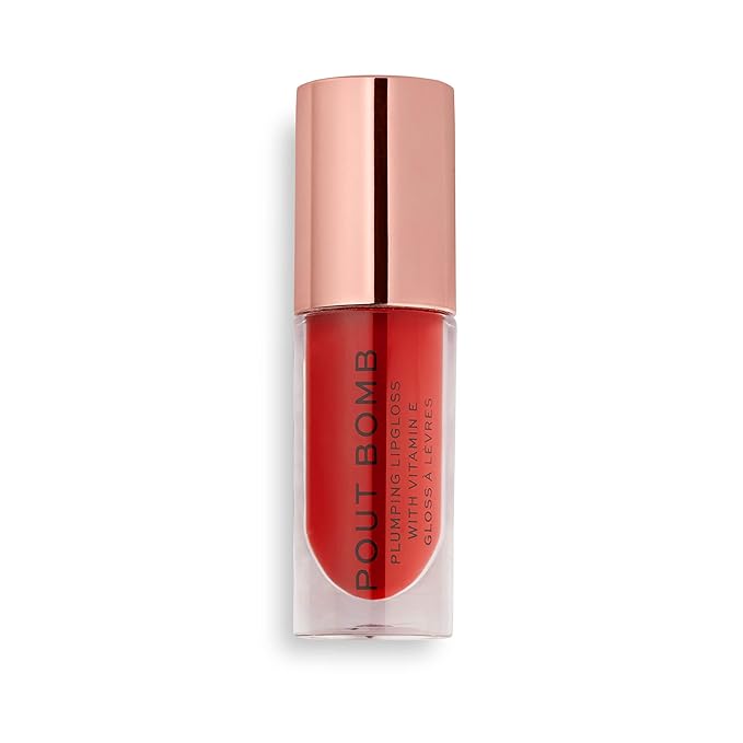 Revolution Beauty London, Pout Bomb Plumping Lip Gloss, High Shine, Rich Glossy Pigment, Infused with Vitamin E, Juicy Red, 0.15 fl oz