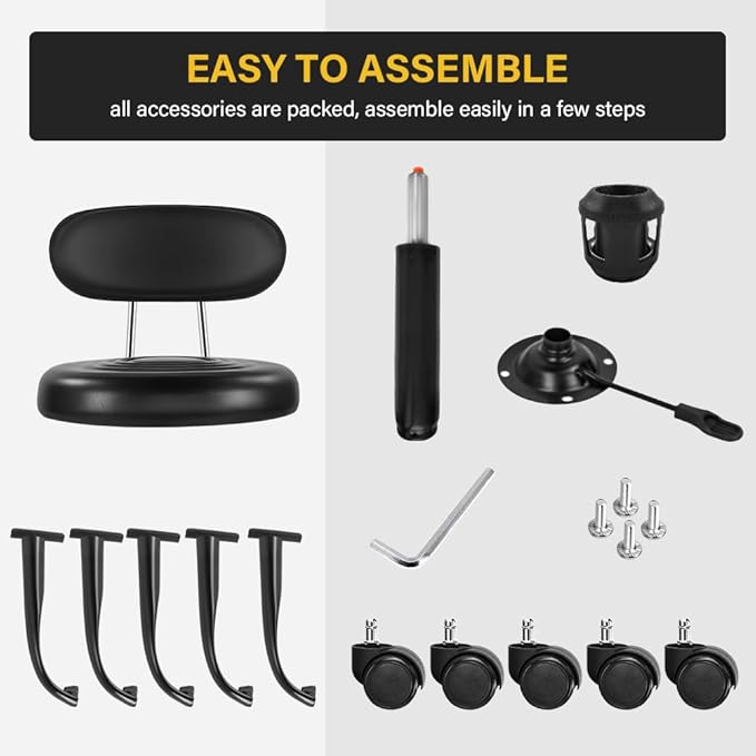 Rolling Stool with Wheels Swivel Stool with Back Height Adjustable Chair PU Leather Rolling Chair Ideal for SPA Salon Home Office Drafting Work (Black)