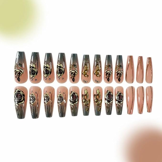 Coffin Press on Nails Medium Square Fake Nails 3D Flower Acrylic Nails Ombre Line Designs Glossy False Nails Glue on Nails Spring Artificial Nails for Women Girls Manicure 24Pcs