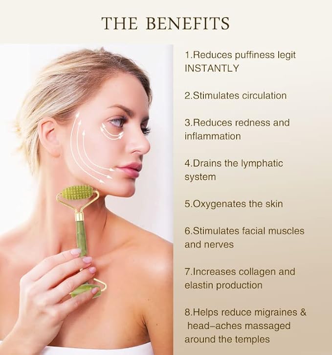 100% Real Crystal Jade Stone Roller and Gua Sha Set with Vitamin C Serum | Great for Eye Puffiness Treatment, Skin Tightening, Anti Aging, Rejuvenate Face & Neck | Great Gift for Women & Men (Green)