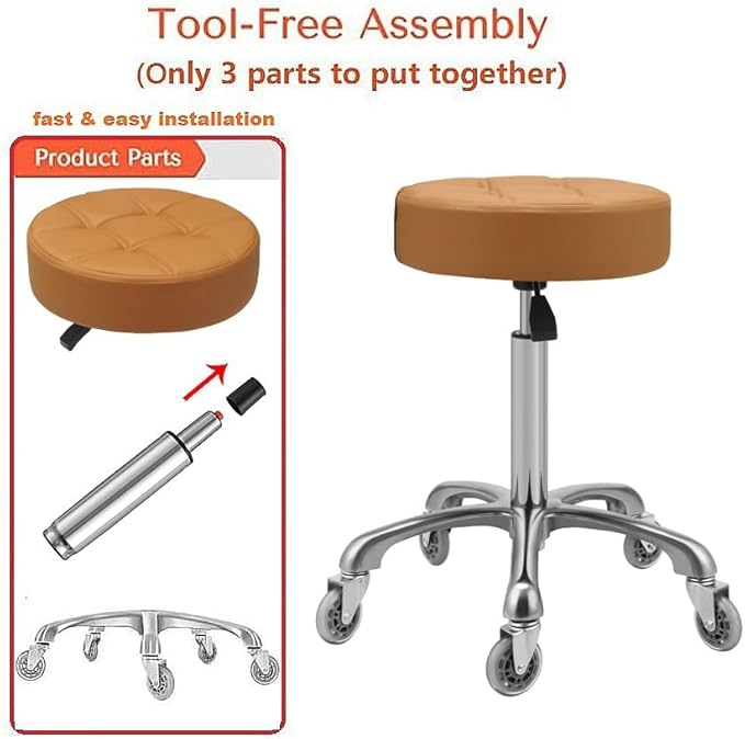Kaleurrier Adjustable Rolling Stool for Salon: Heavy Duty Swivel Chair with Wheels for Hairdresser Esthetician Lash Tech - Spa Home Office Kitchen Dental Tattoo Shop Use - Seat Height 22”-30” - Camel
