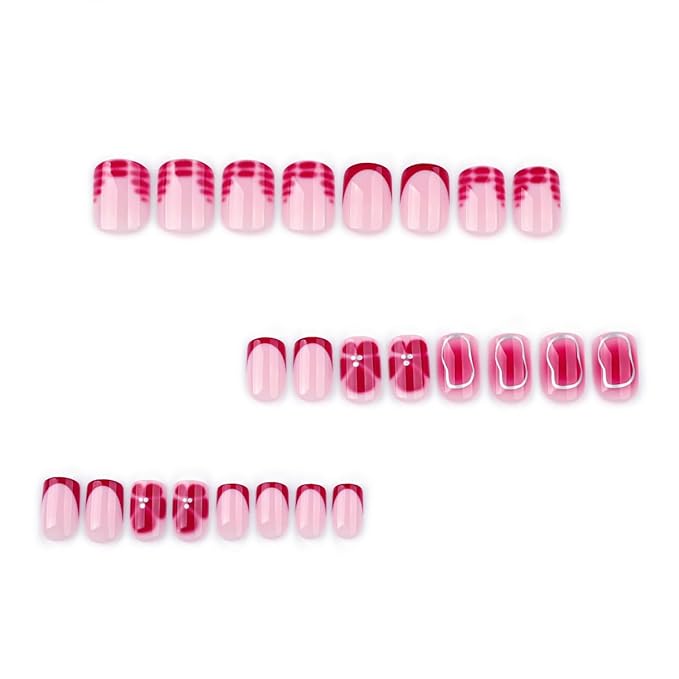 Short Square Press on Nails with Red Flower Designs Of Silver Lines Fake Nails Nude Acrylic Press ons Nails Full Cover Stick on Nails Reusable for Women Manicure Kit 24 Pcs