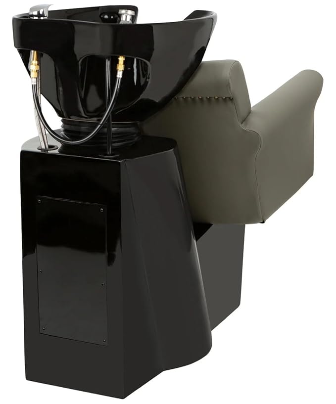 Buy-Rite Chelsea Shampoo Backwash Station - Gray Tufted Chair & Tilting Porcelain Bowl, Brass Nailhead Trim, Removable Cushion, Full Hardware Kit - NIN-9902BW-GRY