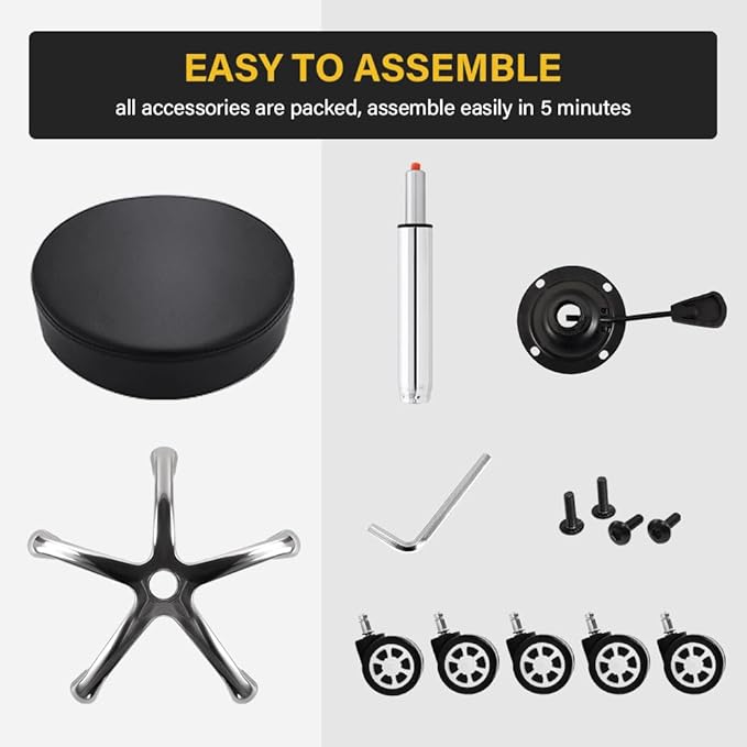 Heavy Duty Rolling Stool with Wheels, 360 Swivel, Adjustable Height, Black, Modern Style, Faux Leather Seat, Aluminum Alloy Base, Kitchen, Garage, Garden, Outdoor, Bar