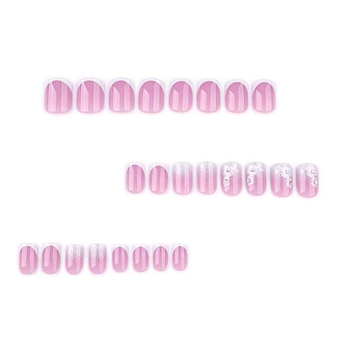 Short Square Press On Nails White Nude Gradient False Nails with White Silver Flowers Acrylic Press in Nails Gel Stick On Nails Set Glue on Nail for Women & Girls 24Pcs